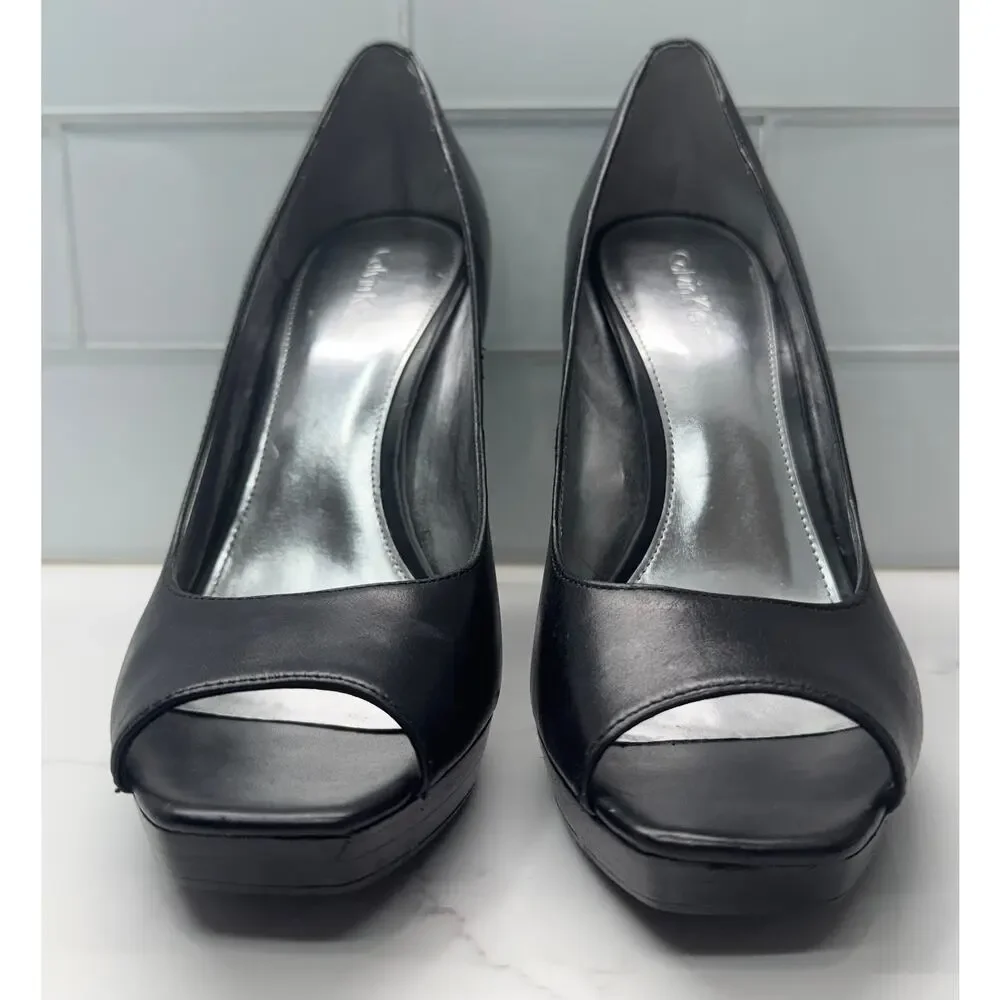 Calvin Klein Cora Burnished Calf Peep-toe Stiletto Platform Pumps Heels, Size 7M